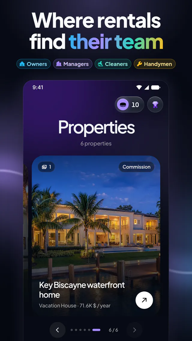 Properties screen with a large photo of a rental home and its estimated yearly income.
