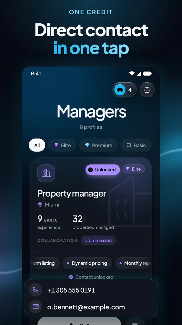 An unlocked property manager profile showing a phone number and an email address.