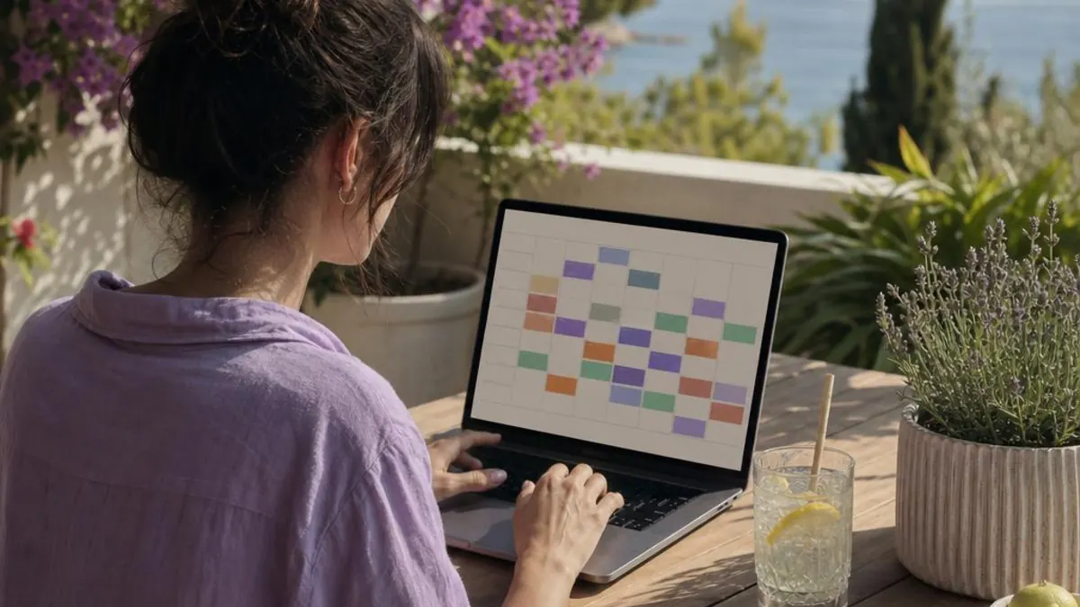 A woman on a terrace overlooking the sea, working on a laptop that shows a calendar with coloured blocks, beside a pot of lavender and a glass of lemon water