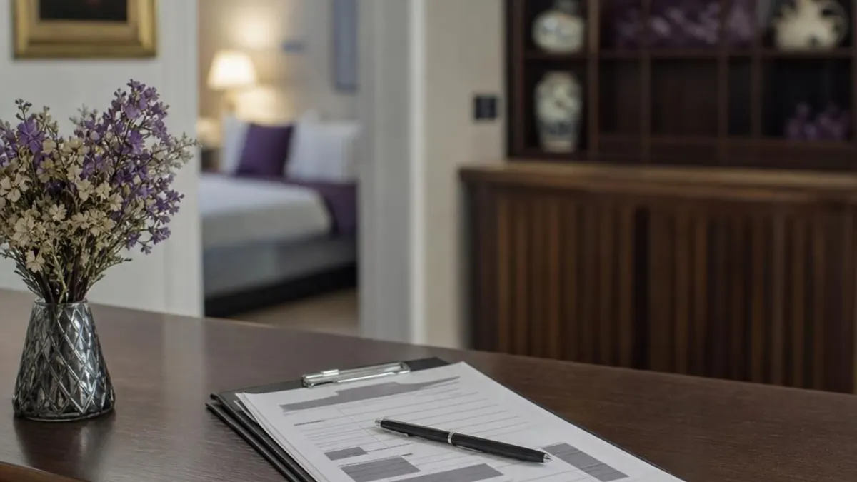 Inspection form on a clipboard with a pen on the table of a rental apartment, with the bedroom in the background