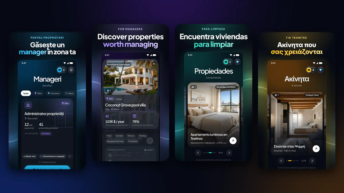 Four screenshots of the KeyBid 1.0.8 app in Romanian, English, Spanish and Greek: the list of managers, a property’s details and the properties for cleaning and maintenance
