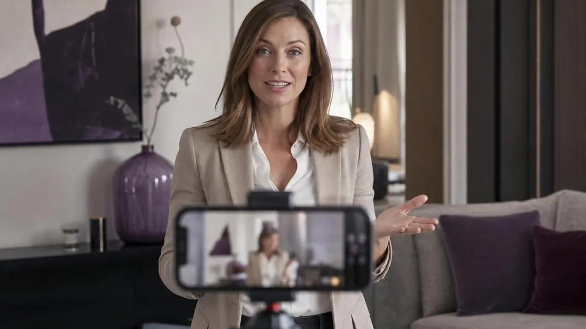 Woman in a beige blazer speaking to a phone mounted on a tripod, in a living room with a purple vase, an abstract painting and a grey sofa with plum-coloured cushions