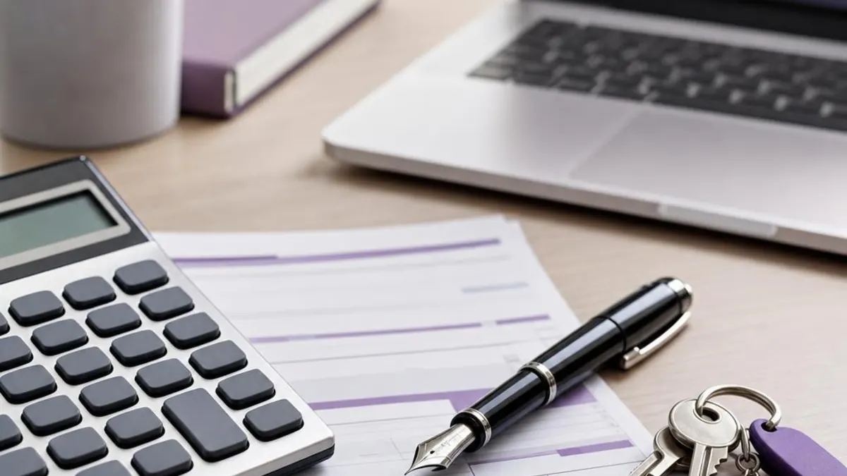 Calculator, tax form, fountain pen and apartment keys on a desk
