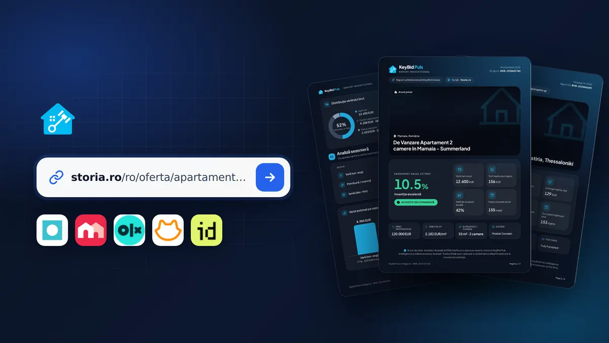 The listing link box, the logos of the five supported portals and pages from sample KeyBid Genius reports in Romanian and English