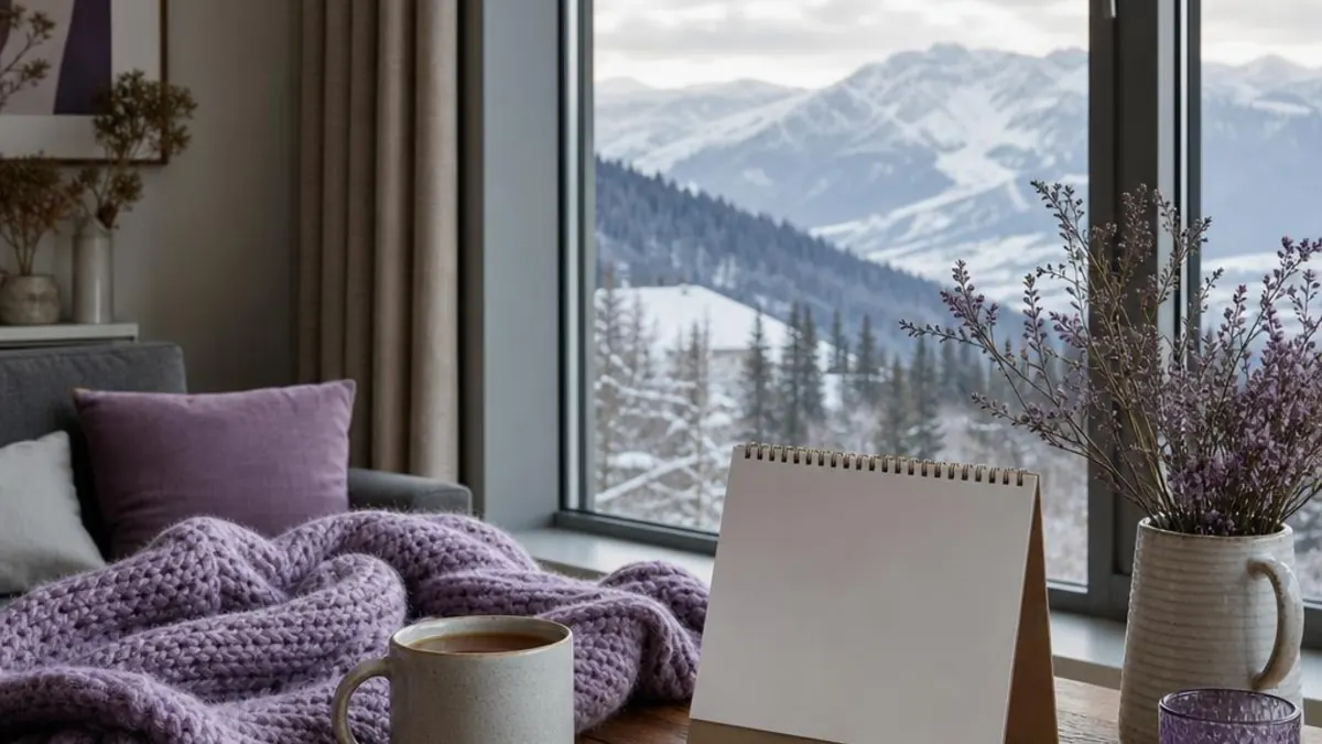 An empty desk calendar on a wooden table beside a mug of tea and a lilac blanket, with snowy mountains in the window