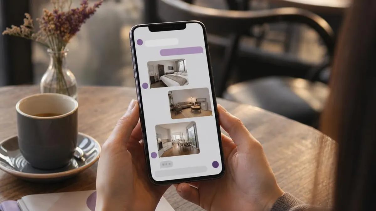 Person in a café holding a phone with a conversation about accommodation and photos of three apartments, next to a cup of coffee