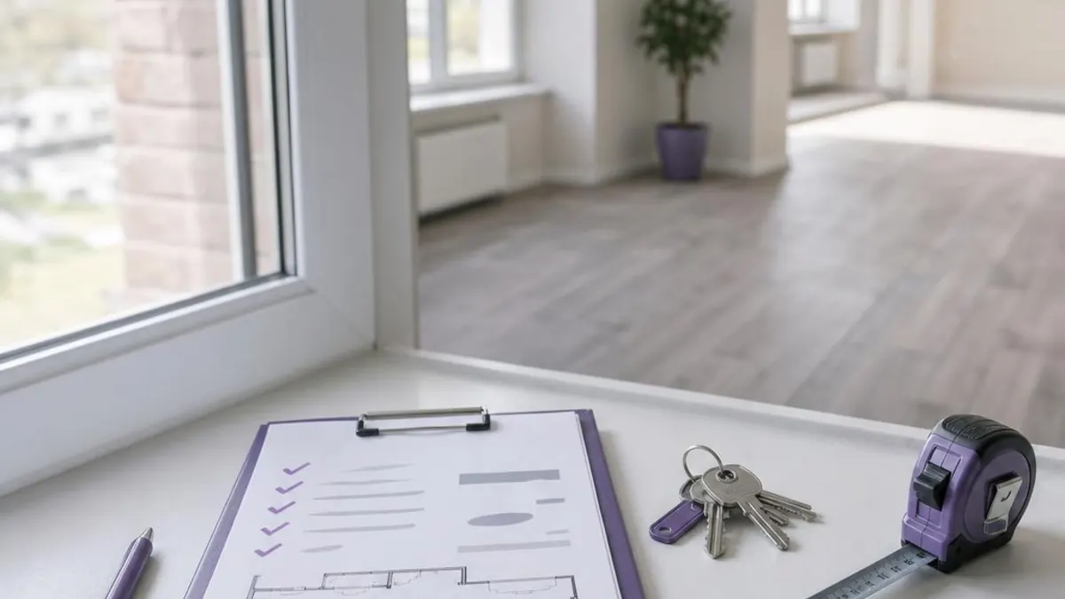 Clipboard with a ticked checklist and an apartment floor plan, next to keys and a tape measure, in an empty, bright apartment