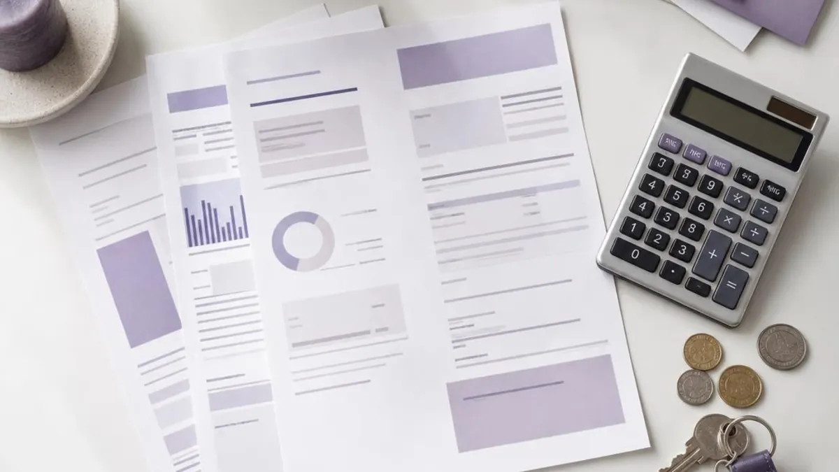 Financial reports with lavender-toned charts, a calculator, a few coins and a set of keys on a bright desk