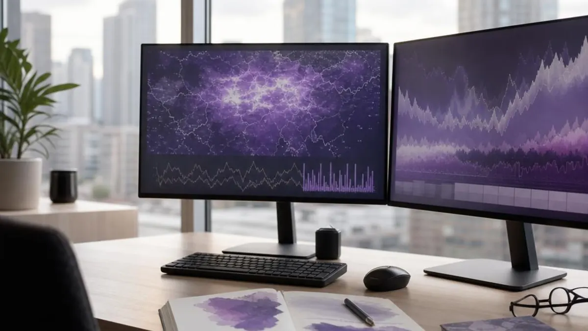 Desk with two monitors showing a data map and trend charts, with a view of tall buildings