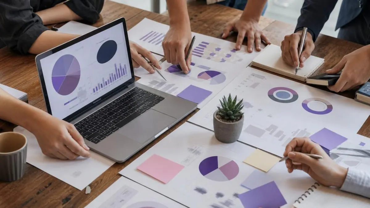 Hands around a wooden table with a laptop showing purple pie and bar charts, printed charts, sticky notes, a succulent and a mug
