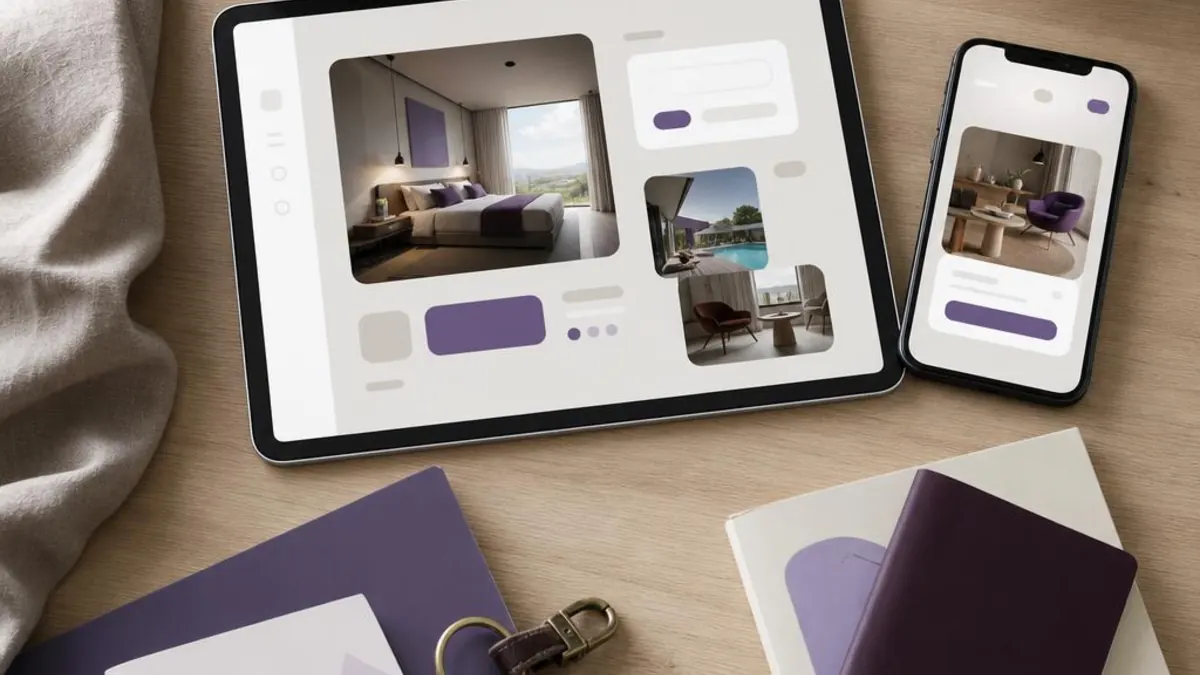 Tablet and phone on a light wooden desk, showing a booking page with a bedroom overlooking the hills, a swimming pool and a living room with purple accents
