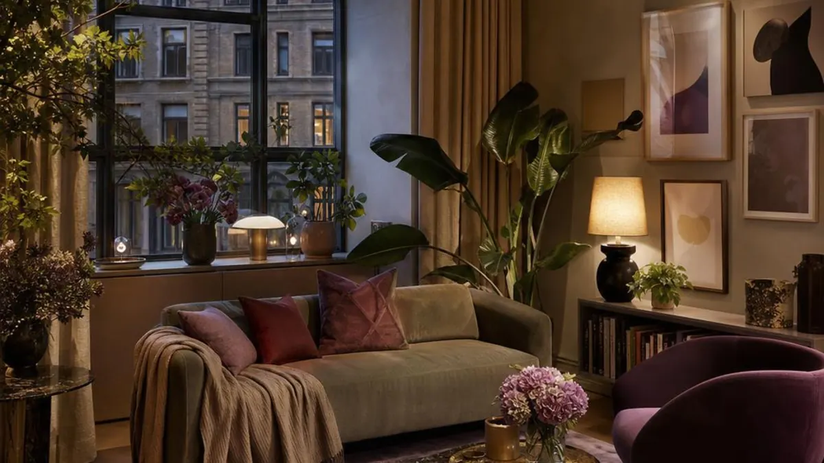 Cosy living room in the evening, with a green sofa, pink and burgundy cushions, large plants, framed artwork and a window facing a historic building