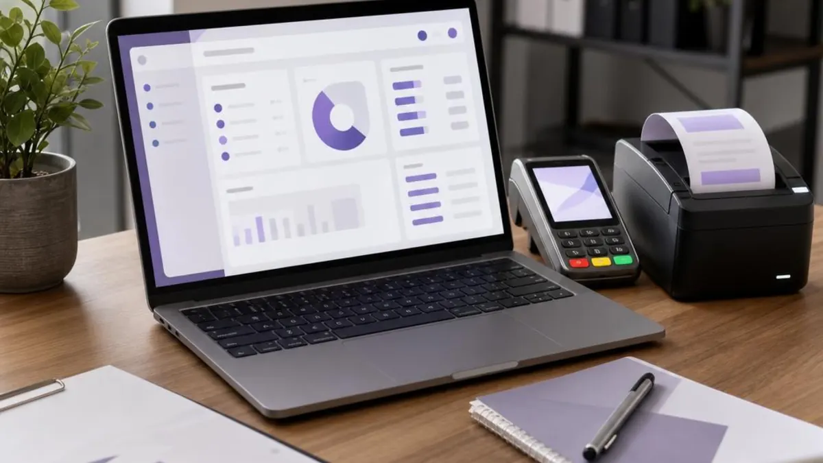 Laptop showing a reporting dashboard on a wooden desk, next to a card payment terminal, a receipt printer and a notebook with a pen