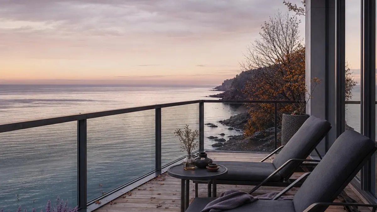 A terrace with two sun loungers and a glass railing above the sea at an autumn sunset, with dry leaves on the wooden deck