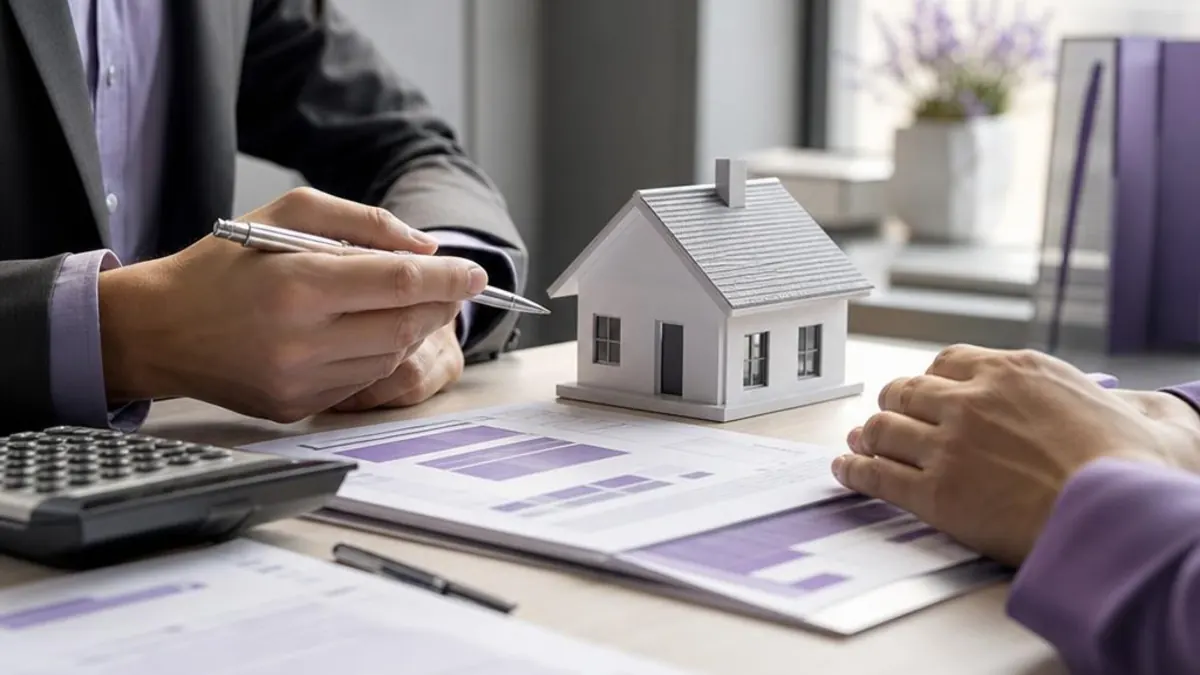 Two people at a desk reviewing documents with charts, next to a model house and a calculator