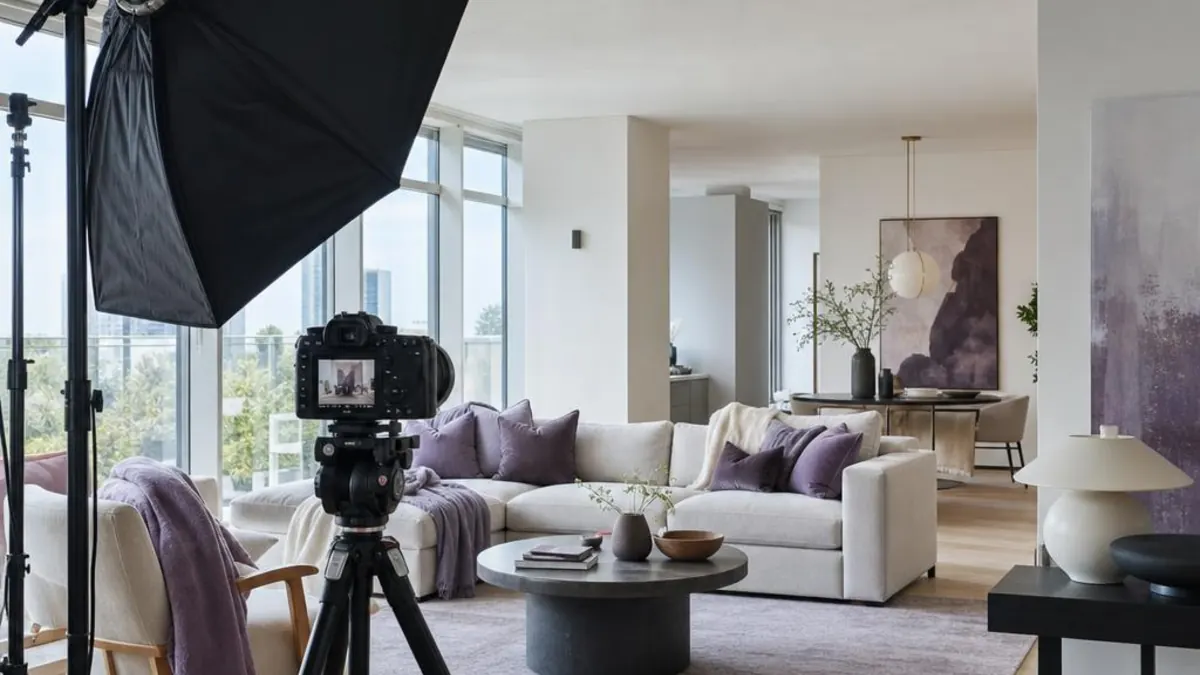 Photo shoot in a bright living room, with a camera on a tripod and a softbox in the foreground, a white sofa with lilac cushions and large windows