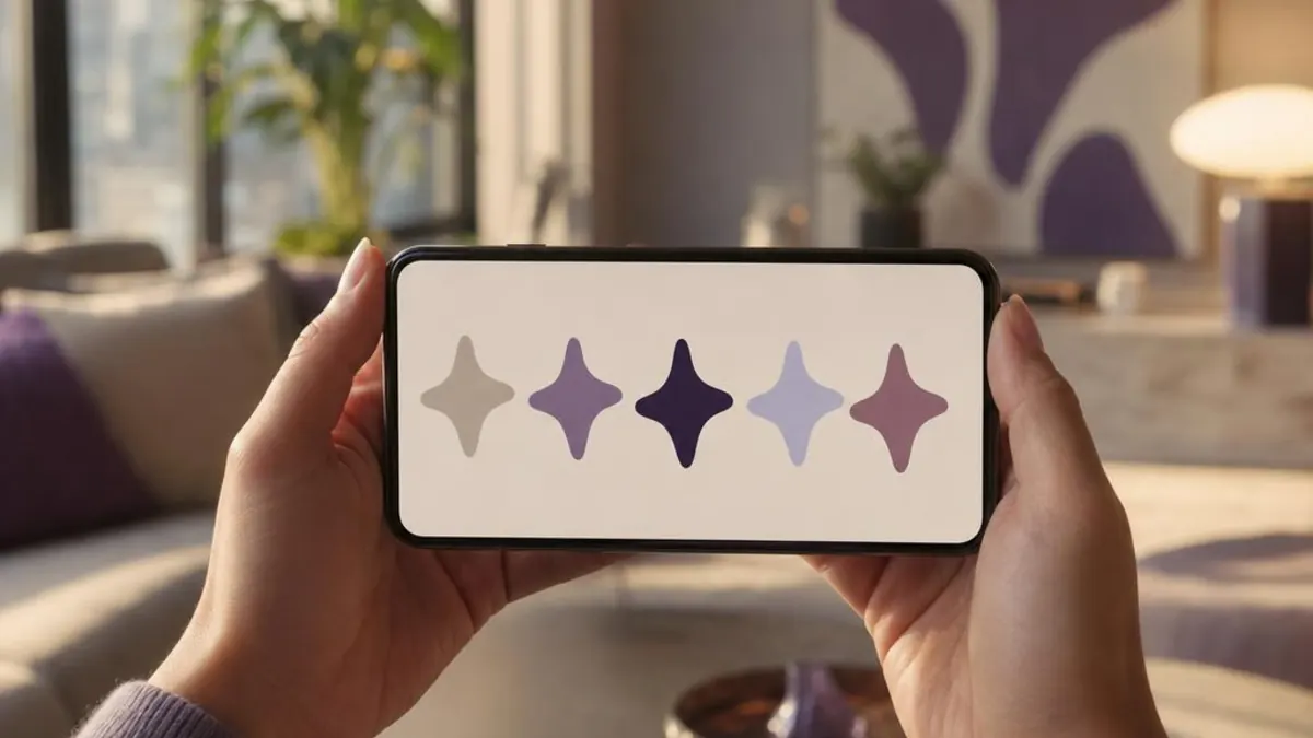 Hands holding a phone horizontally, with five stylised stars in shades of purple and grey on the screen, in a bright living room
