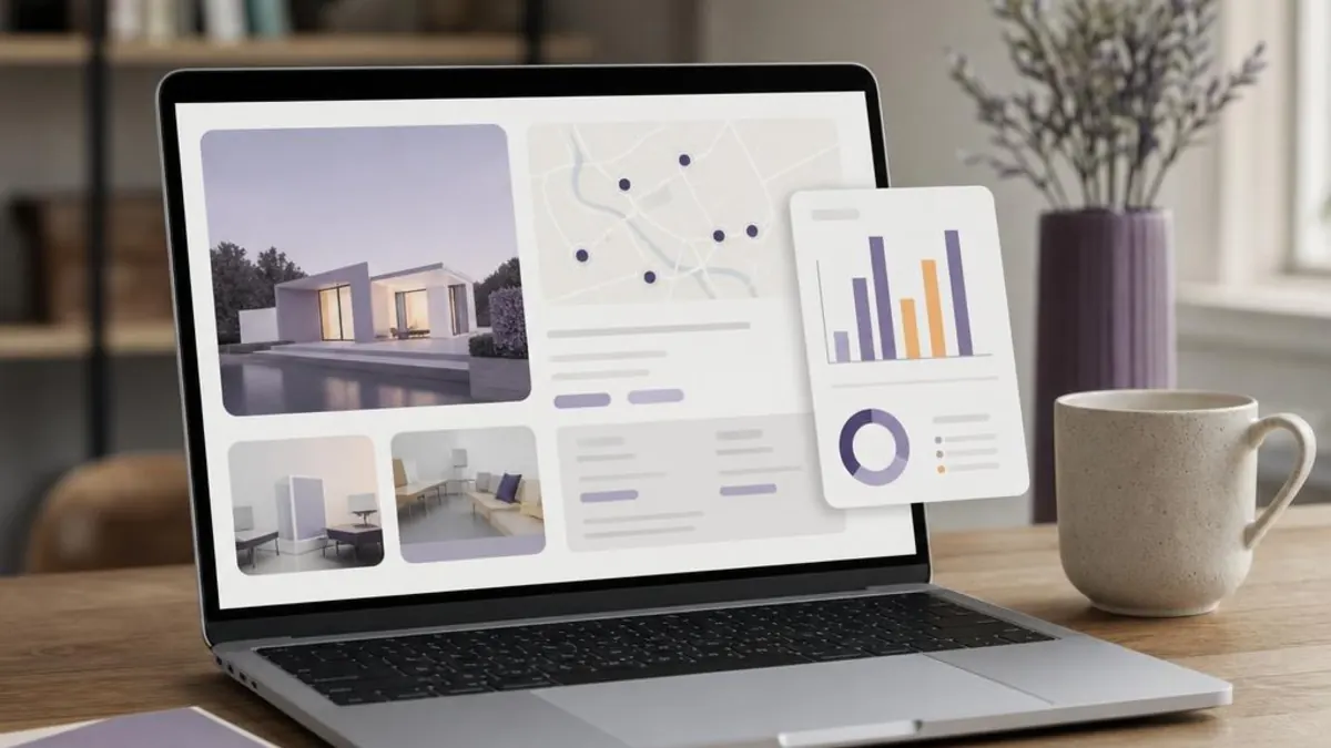 Laptop on a wooden desk showing a property listing page and an analysis panel with charts, next to a mug and a notebook