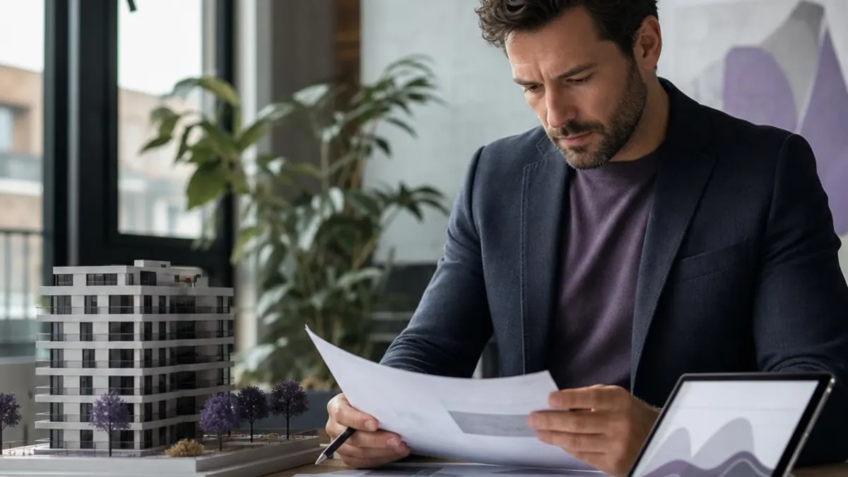 An investor reviewing a financial document next to an architectural model of an apartment block and a tablet showing a chart