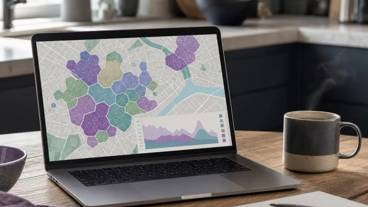 A laptop on a wooden kitchen table showing a city map divided into coloured hexagonal zones and a chart, beside a coffee mug and a notebook