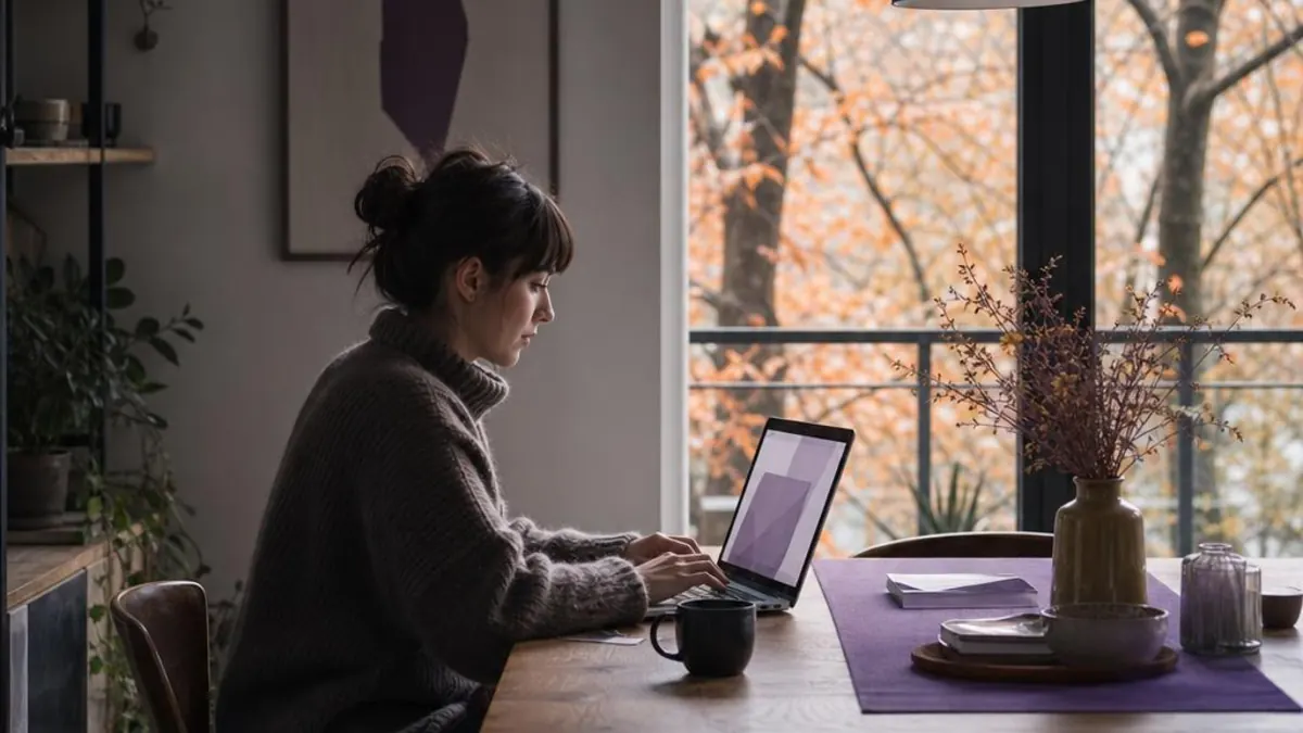 Woman in a grey jumper working on a laptop at a wooden table with a purple runner, beside a large window with autumn trees