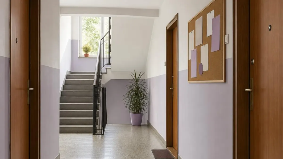 Apartment building hallway with neighbouring front doors, a staircase and the owners' association notice board