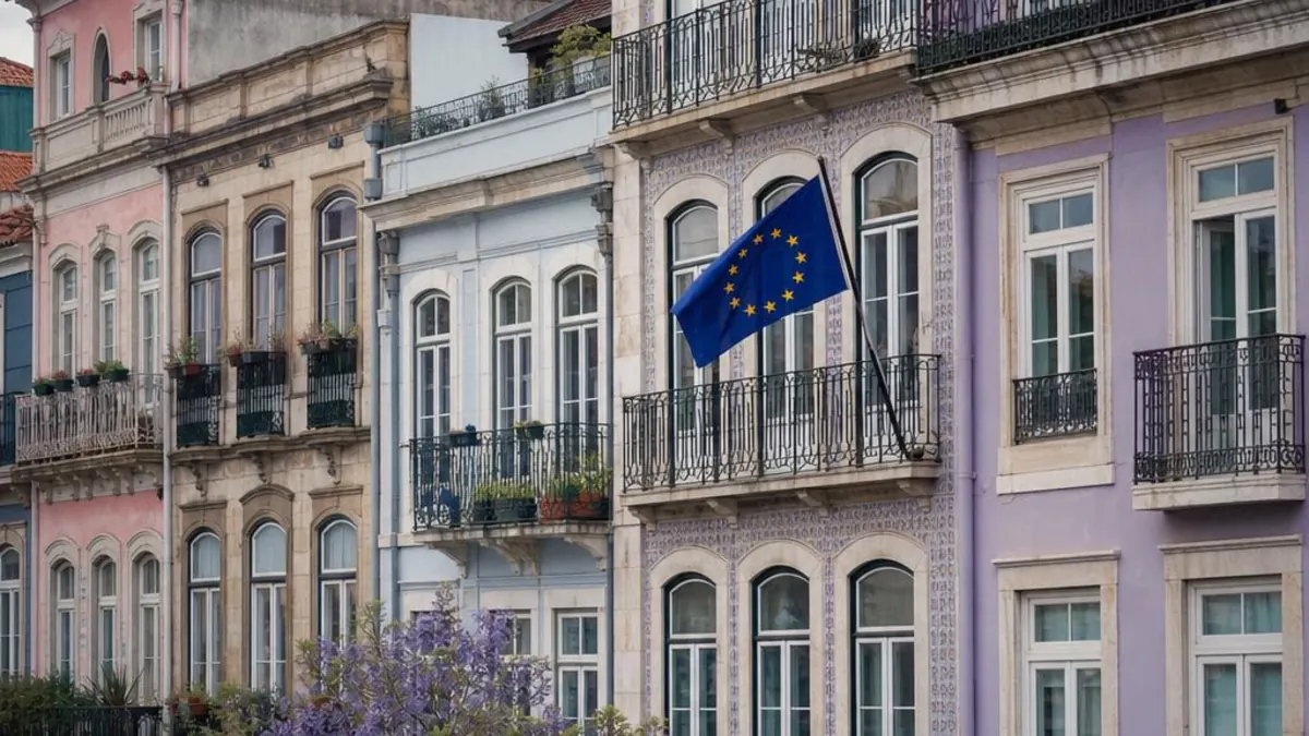 Colourful historic facades with wrought-iron balconies and a European Union flag flying from one of the buildings