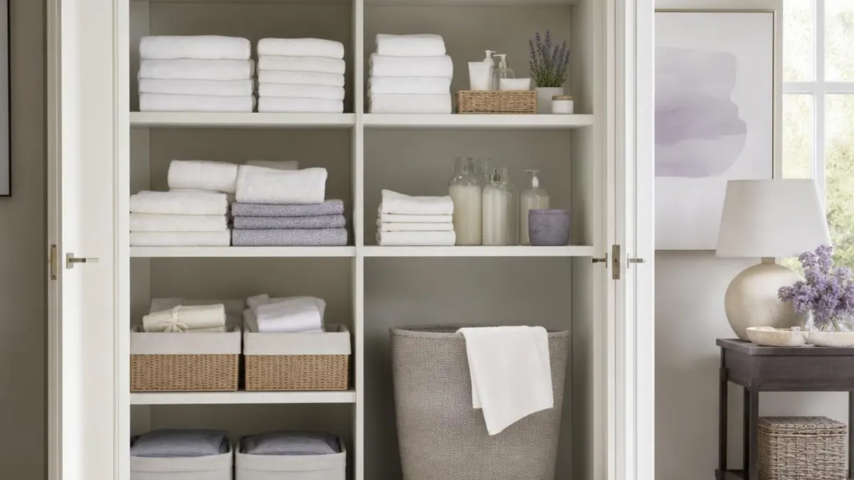 Open cupboard with folded white towels, refillable soap dispensers and storage baskets, next to a lamp and a bunch of lavender
