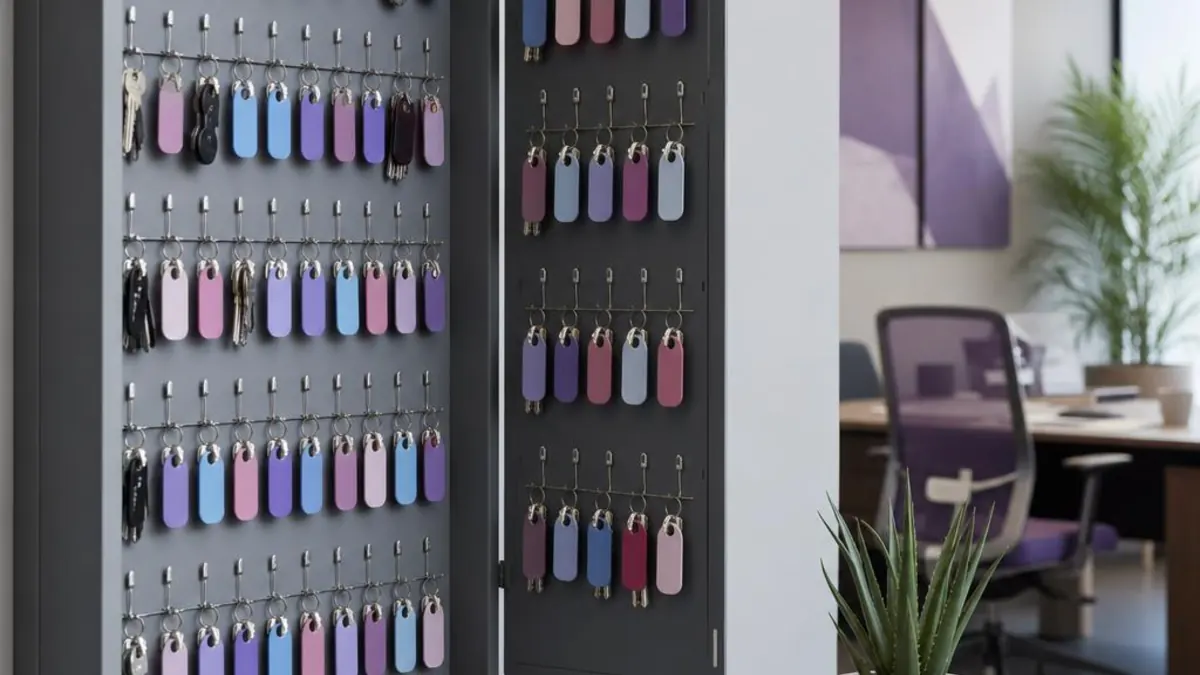 Open grey key cabinet holding dozens of keys with coloured tags, mounted on the wall of a modern property management office