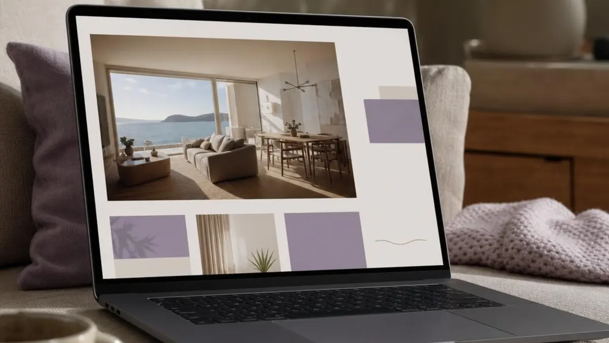 Laptop on a beige sofa next to a purple cushion and a knitted throw, showing an accommodation website with a bright living room overlooking the sea