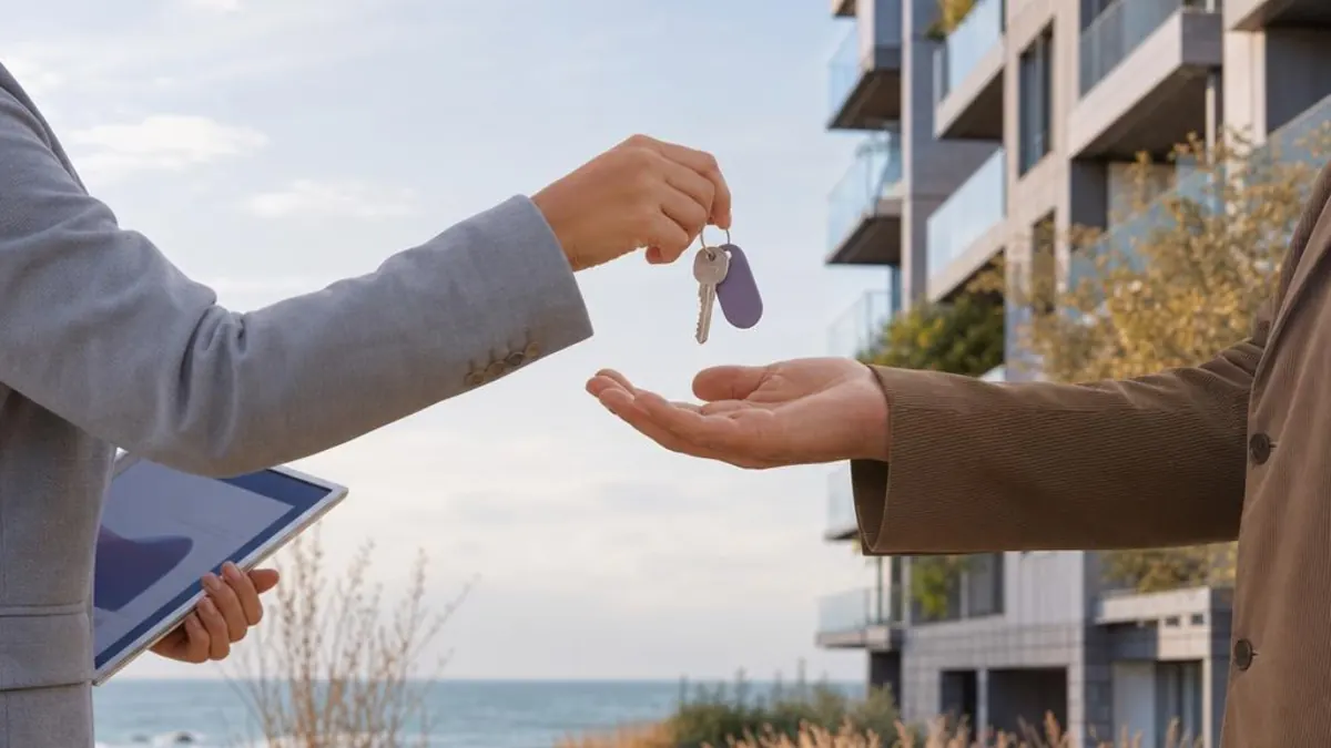 A person holding a tablet hands a key on a purple key ring to another person’s open palm, in front of a new block with balconies, with the sea in the background
