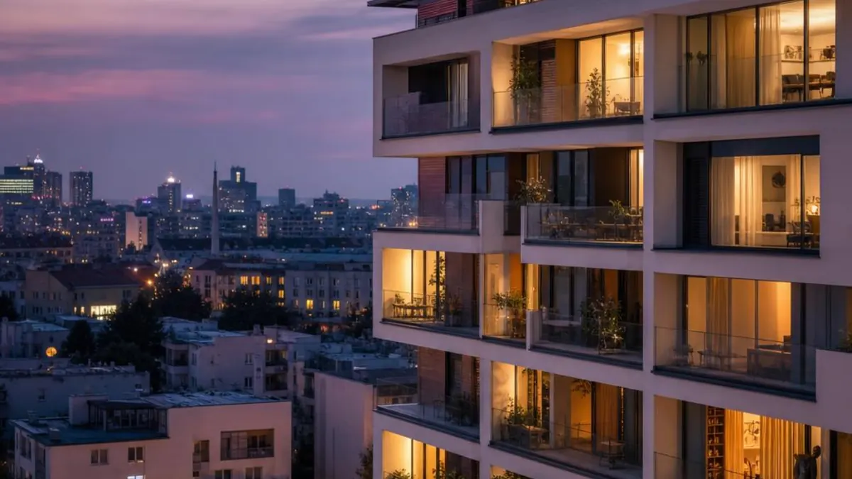 The façade of a modern block of flats with balconies and lit windows at dusk, with the buildings and towers of a large city in the background