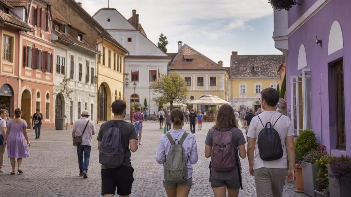 Young tourists with backpacks, seen from behind, on a cobbled pedestrian street in a historic Transylvanian town, with colourful facades and terraces in the background