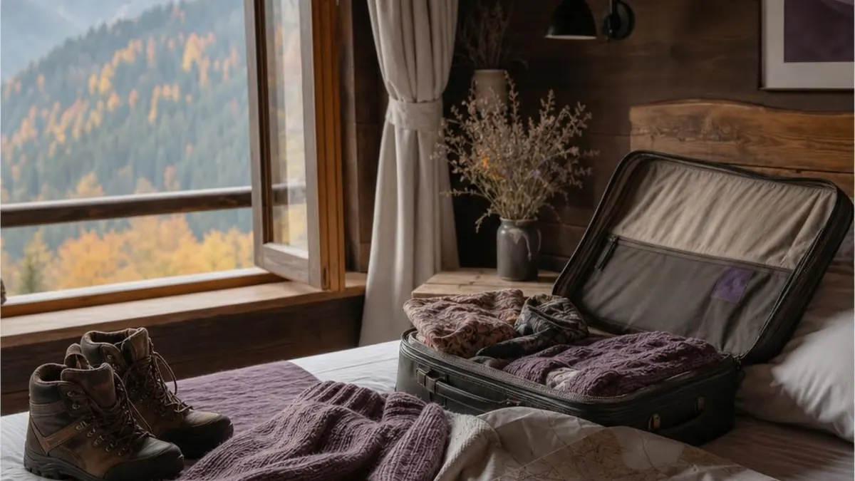 Cosy mountain-cabin bedroom with an autumn forest outside the window, an open suitcase, hiking boots and knitted blankets