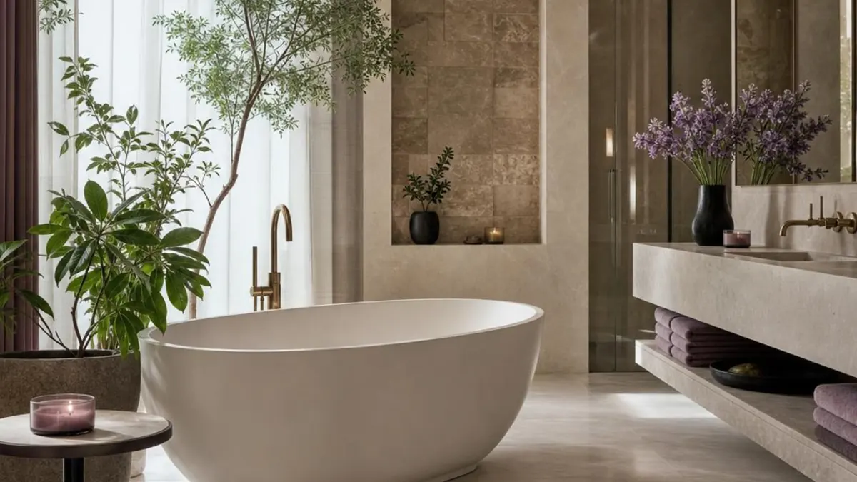 Bright spa-style bathroom with a white freestanding bathtub, stone vanity, folded purple towels, lit candles, green plants and lavender flowers