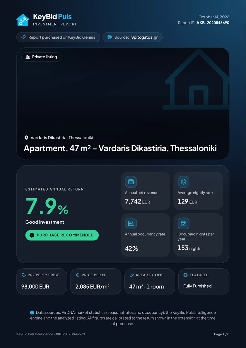 The first page of a sample KeyBid Genius report for an apartment in Thessaloniki: the estimated annual return, annual net revenue, average nightly rate and occupancy.